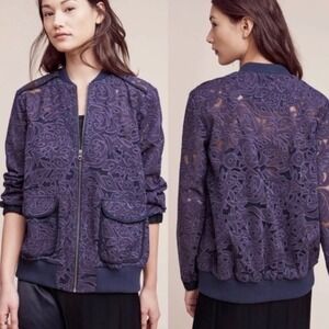 Elevenses Anthropologie Navy Blue Floral Lace Mesh Bomber Shacket Romantic Small